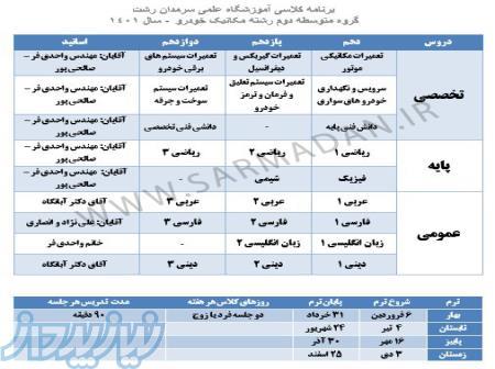 تقویم آموزشی رشته مکانیک خودرو آموزشگاه سرمدان رشت 